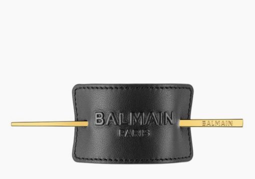 Balmain Hair Natūralios odos firminė plaukų segtukas, juodas / Genuine Leather Signature Hair Barrette Black with Logo